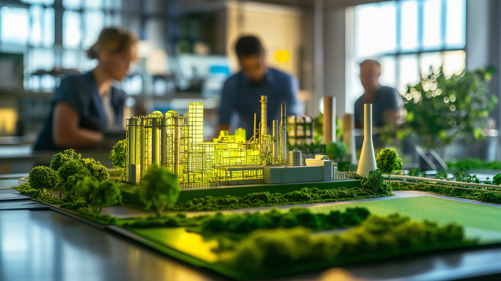 diverse team of engineers brainstorming around a 3D model of an eco-friendly factory